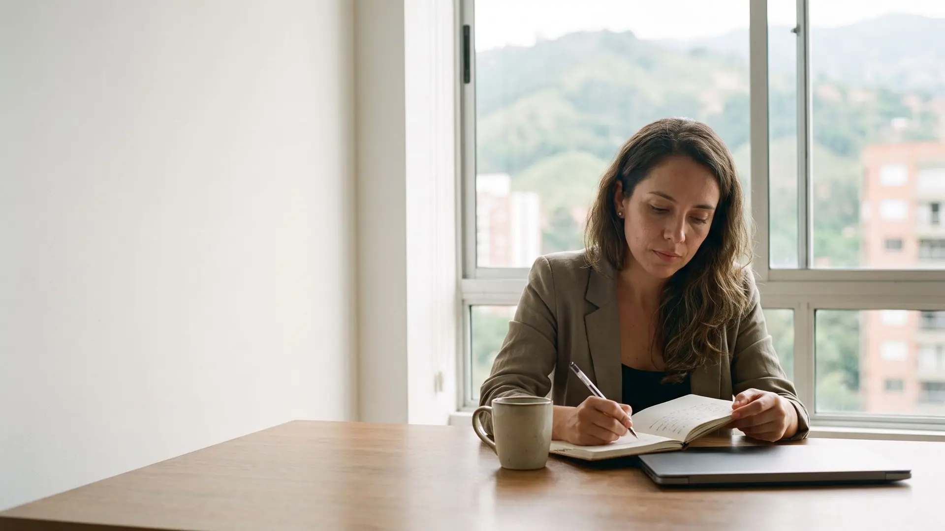 Gerente de marketing tomando notas mientras lee en una oficina de Medellín
