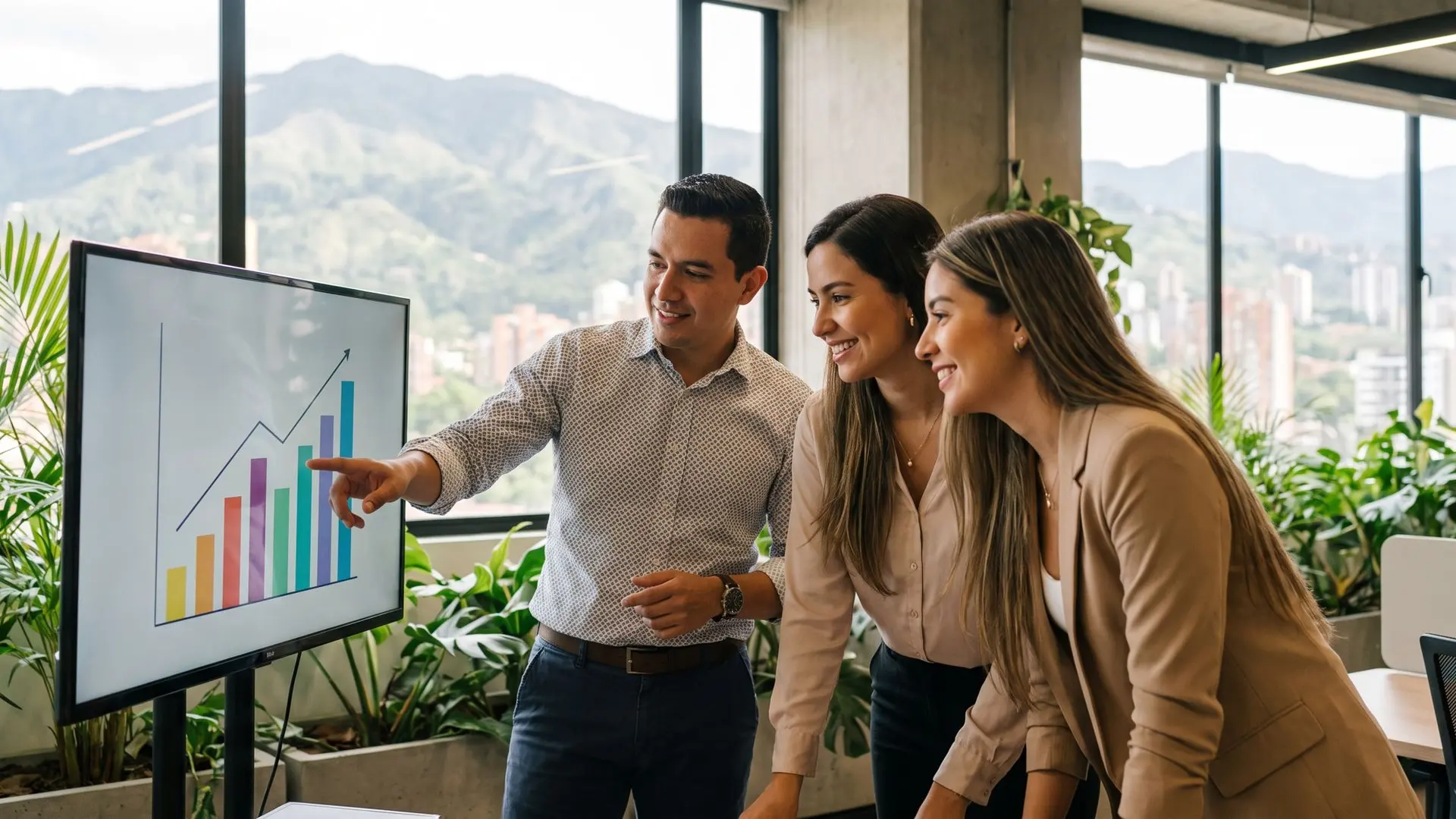 Equipo de marketing revisando los resultados de una campaña en una oficina de Medellín
