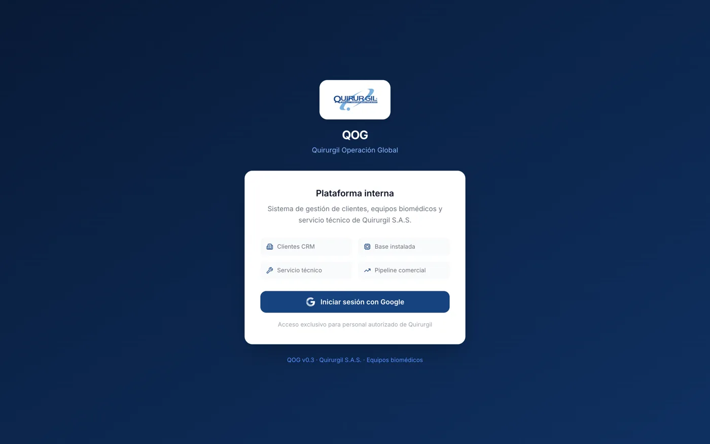 Pantalla de acceso de QOG, la plataforma interna de Quirurgil, con sus módulos de CRM, base instalada, servicio técnico y pipeline comercial