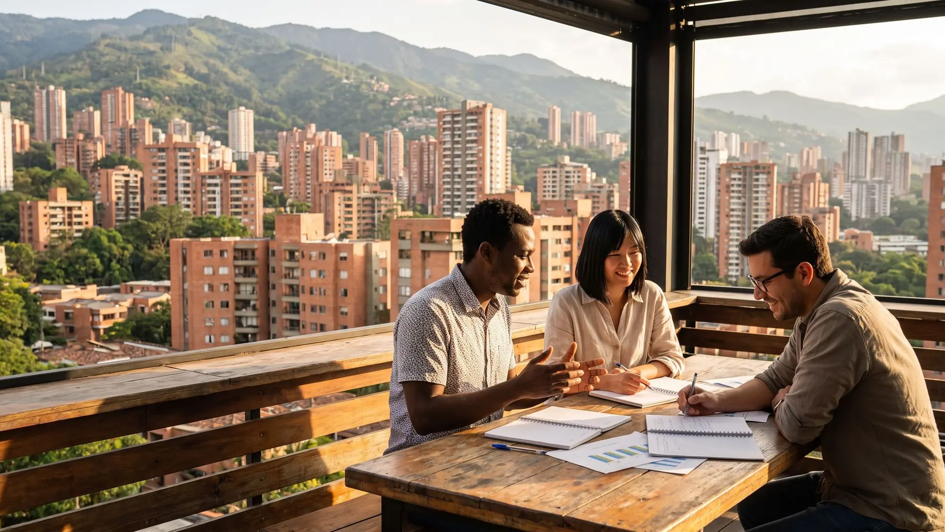 Equipo de btodigital trabajando en una terraza con vista a Medellín