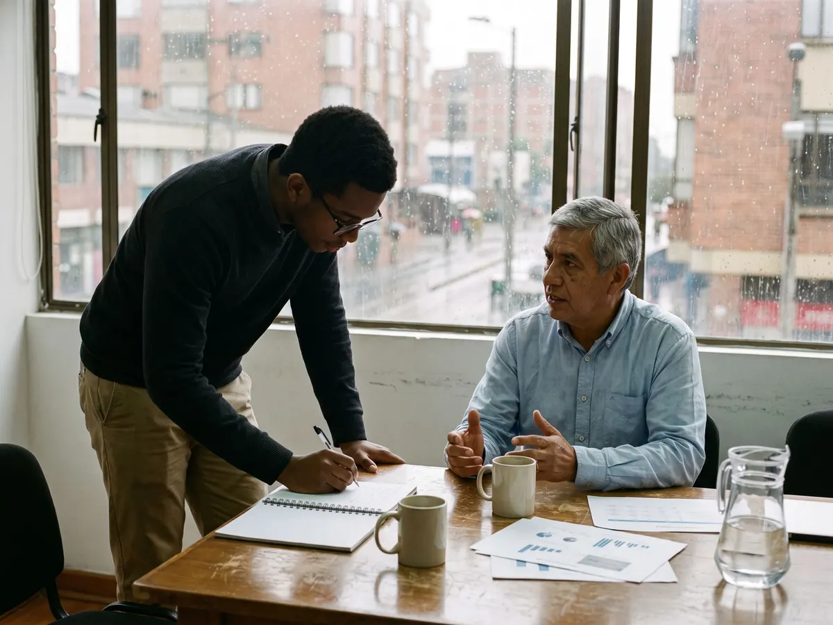 Estratega de marketing tomando notas en la primera reunión con un cliente en Bogotá