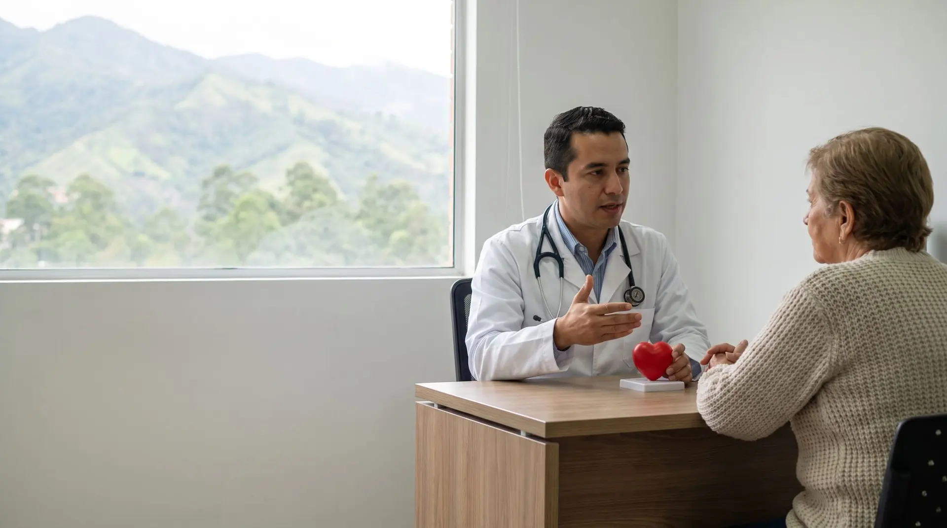 Especialista en cardiología atendiendo a un paciente en su consultorio