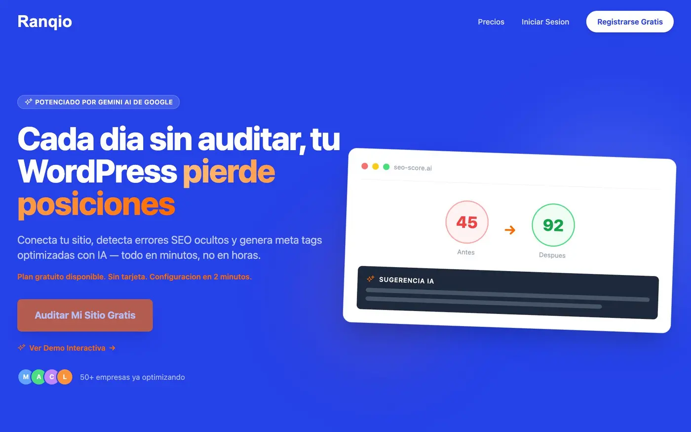 Página de Ranqio, agente SEO con IA