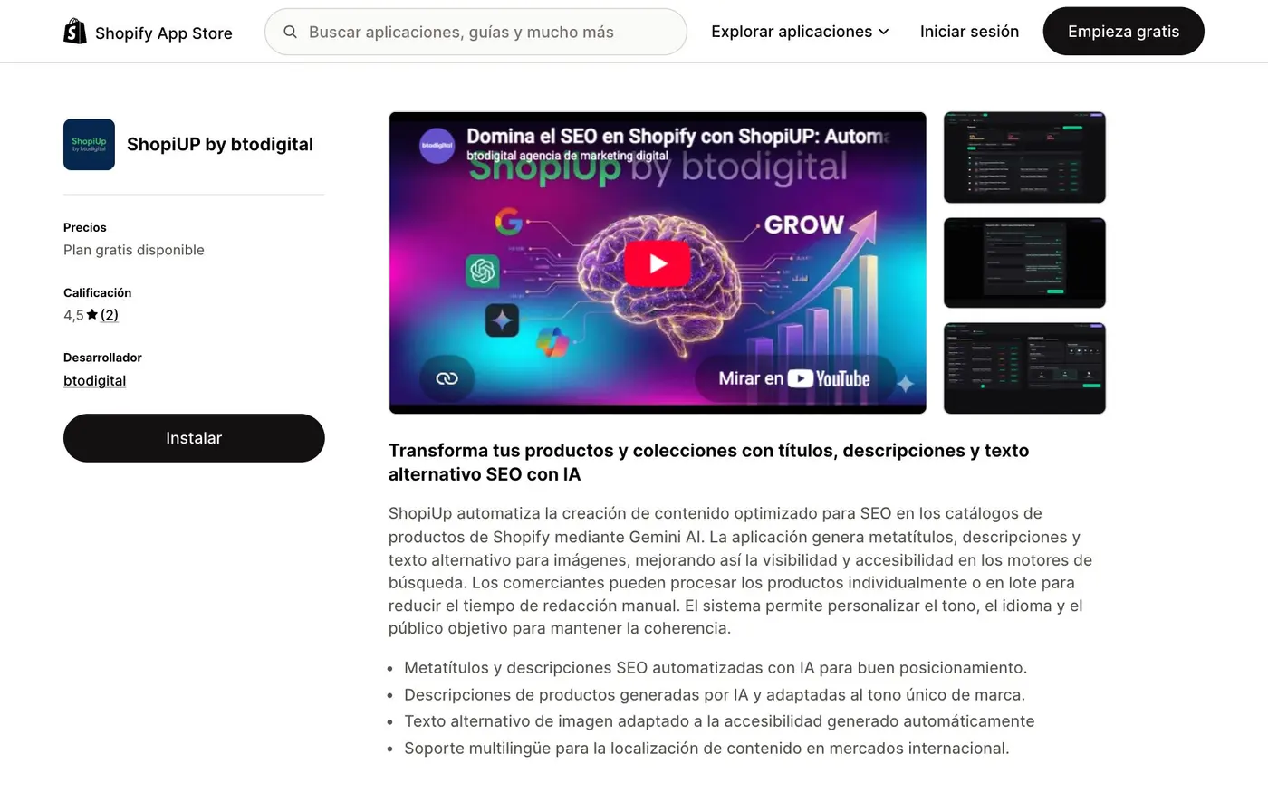 Ficha de ShopiUP en la Shopify App Store