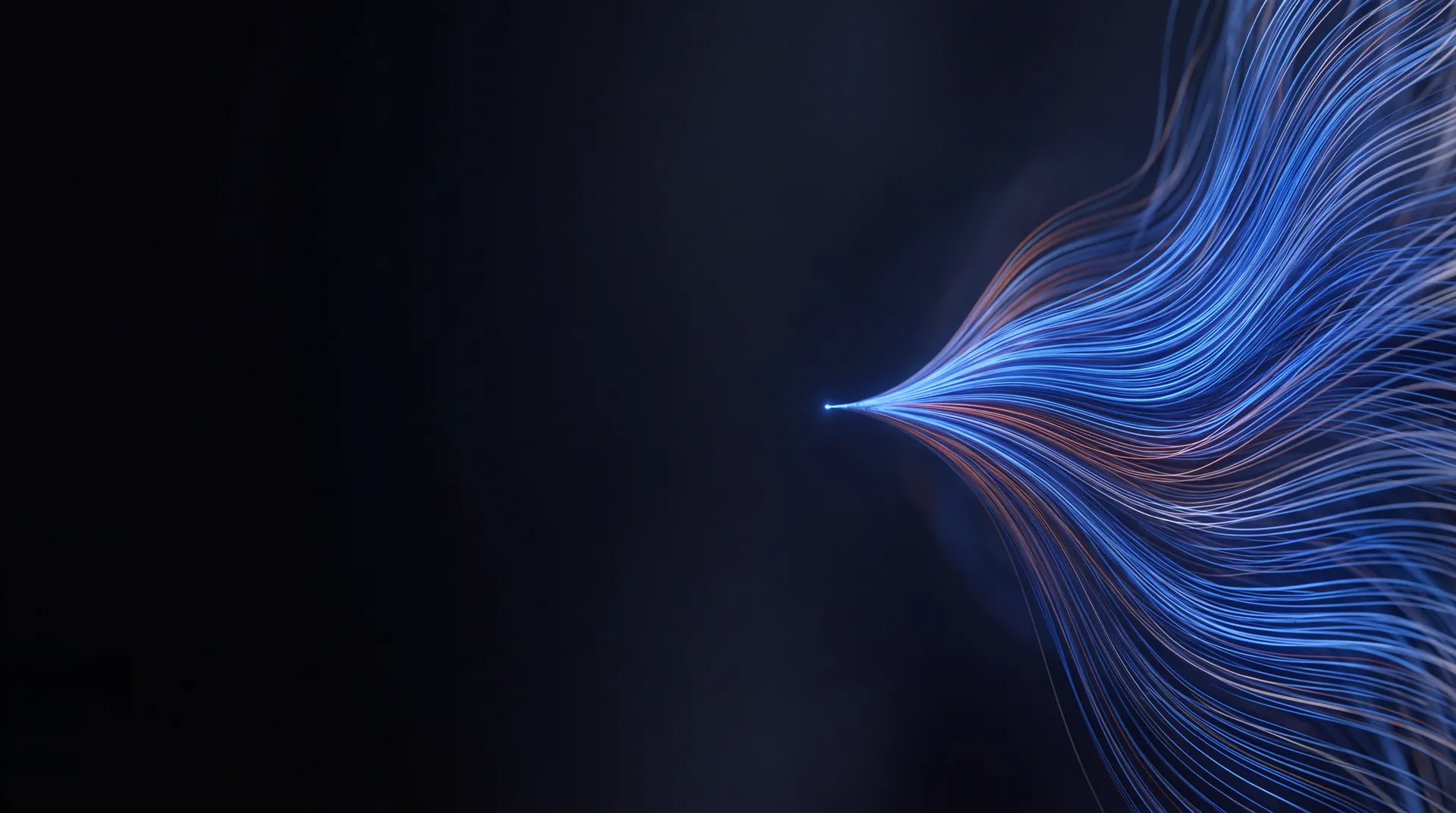 Hilos de luz azul que convergen en un punto sobre fondo oscuro