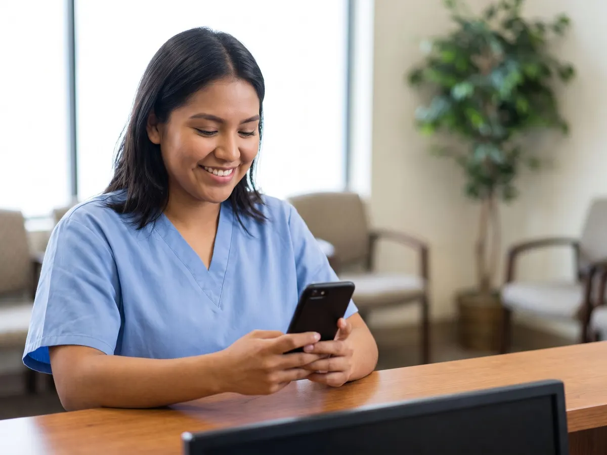Recepcionista de una clínica de imágenes diagnósticas confirmando citas desde su celular