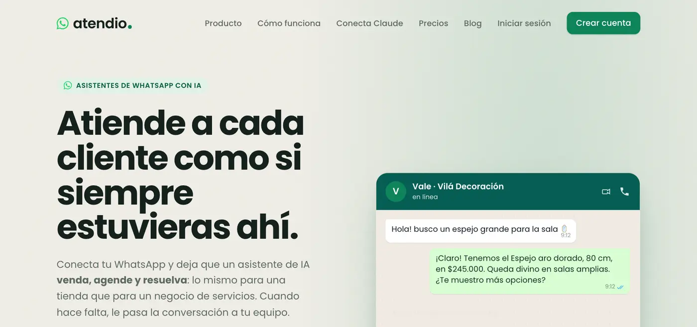 Portada de atendio.co con un ejemplo de conversación de WhatsApp atendida por el asistente