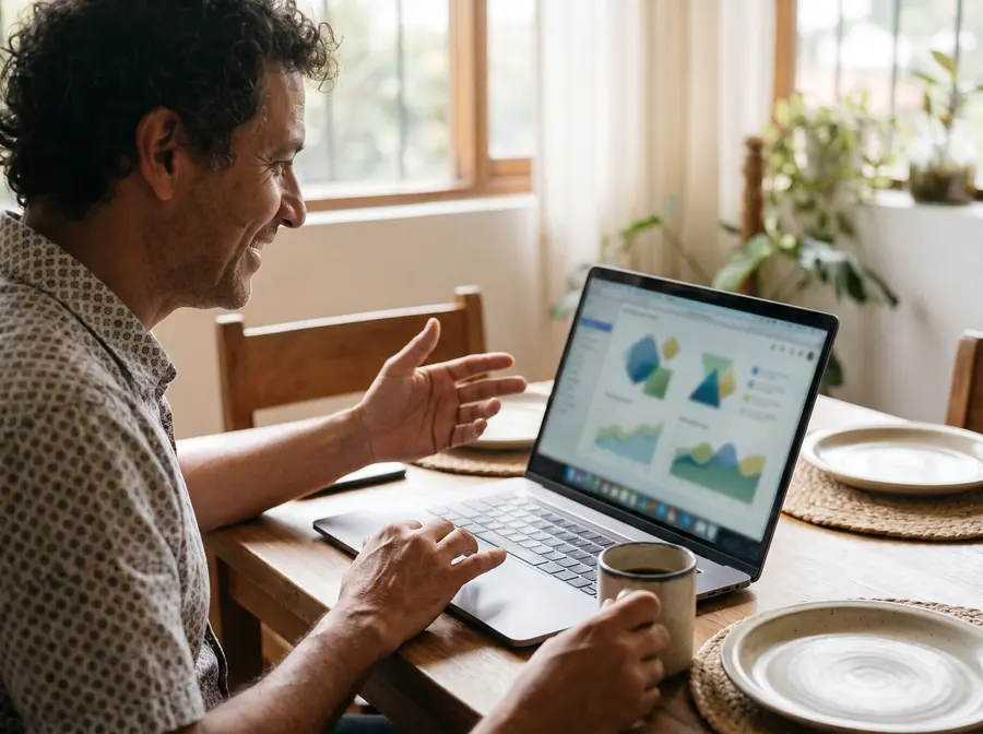 Emprendedor configurando su asistente desde el portátil en la mesa de su casa