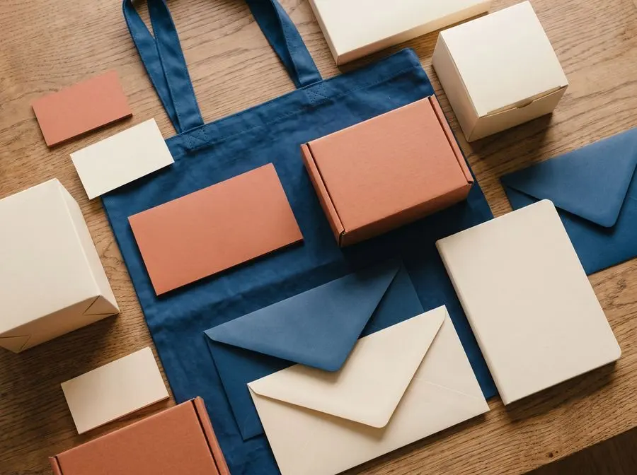 Papelería y empaques de una marca con una paleta de color coherente