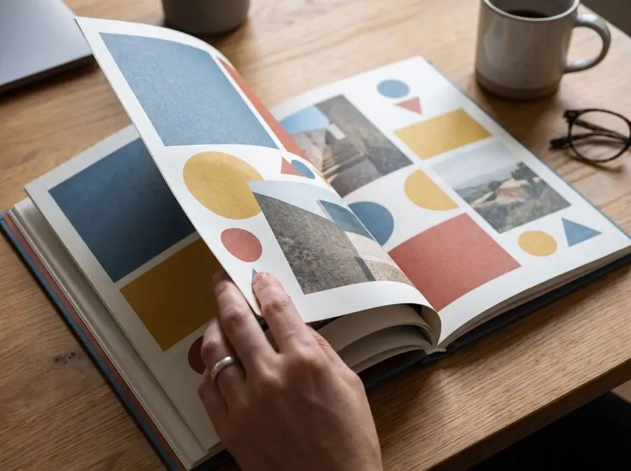 Manual de marca impreso abierto con colores y formas del sistema visual