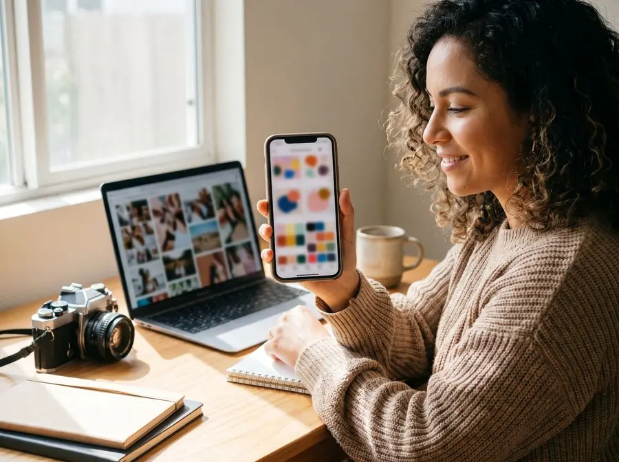 Diseñadora preparando publicaciones para redes sociales en el celular