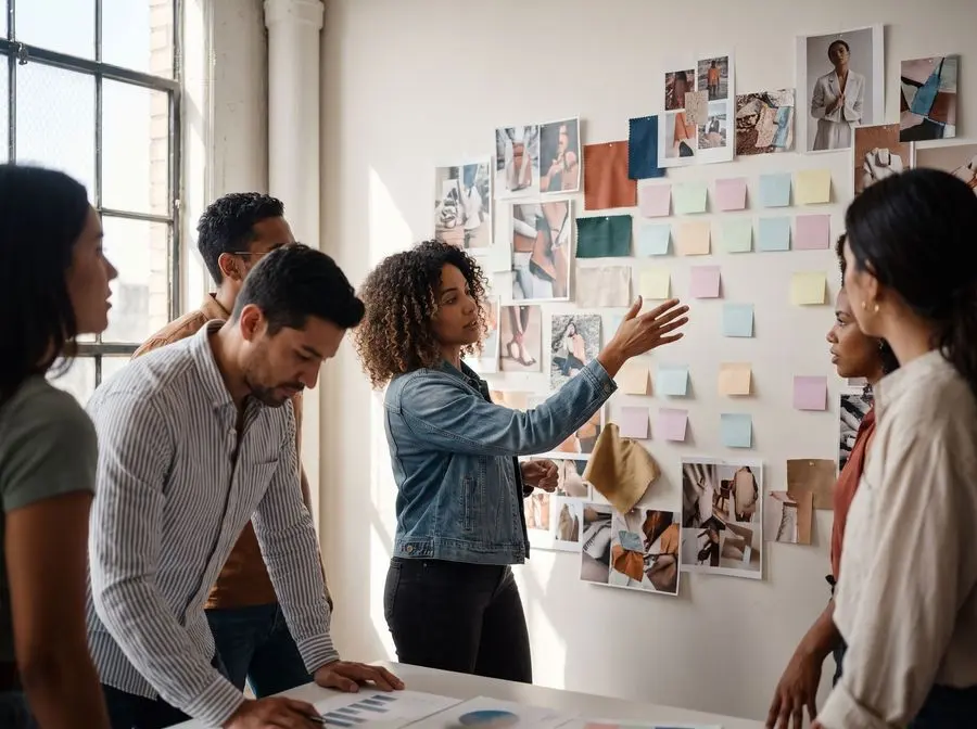 Equipo en un taller de marca frente a un tablero de referencias visuales