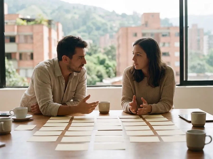 Estrategas de marca conversando sobre nombres con tarjetas sobre la mesa