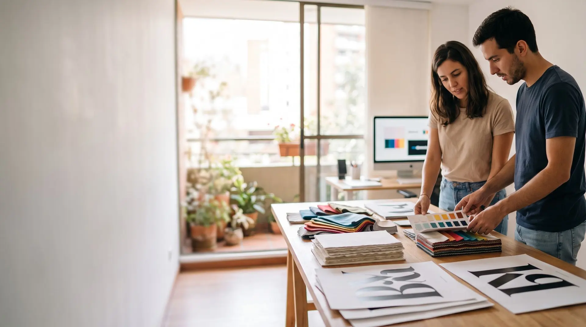 Diseñadores de marca revisando paletas de color y tipografías impresas en su estudio