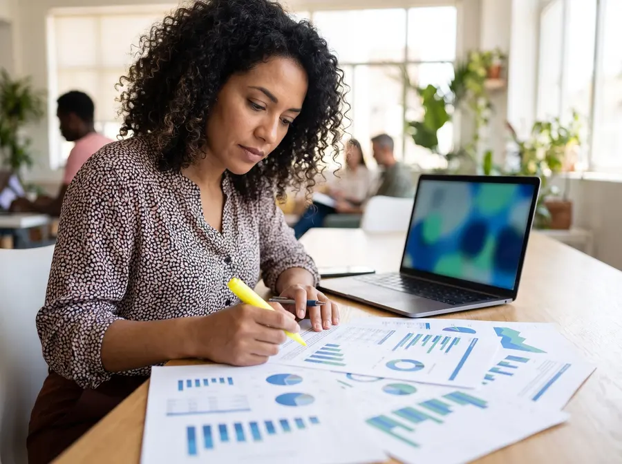 Consultora analizando informes impresos con gráficos de resultados
