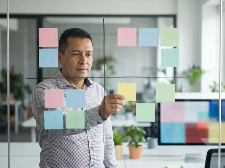 Gerente organizando prioridades en una matriz de notas adhesivas