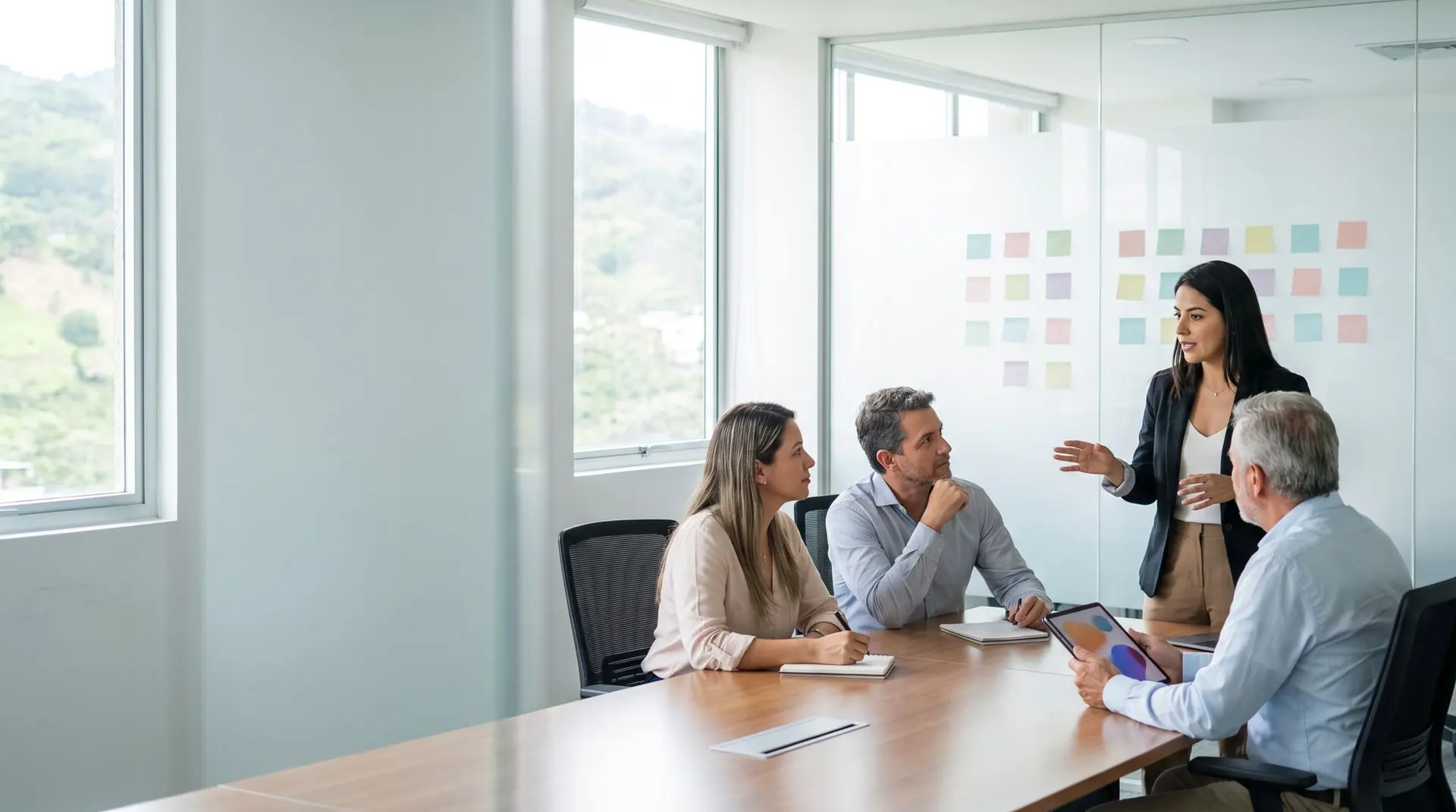Consultora facilitando un taller de estrategia digital con un equipo directivo