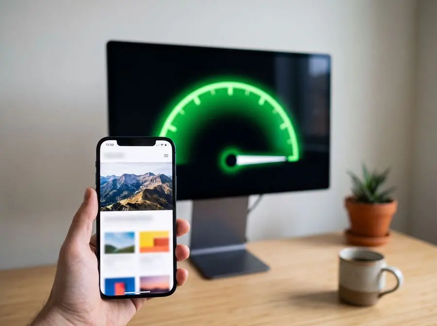 Sitio web abierto en un celular junto a un medidor de velocidad en el monitor