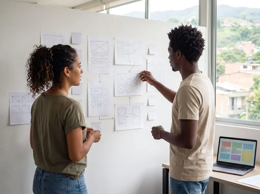 Diseñadoras organizando bocetos de pantallas y notas en una pared