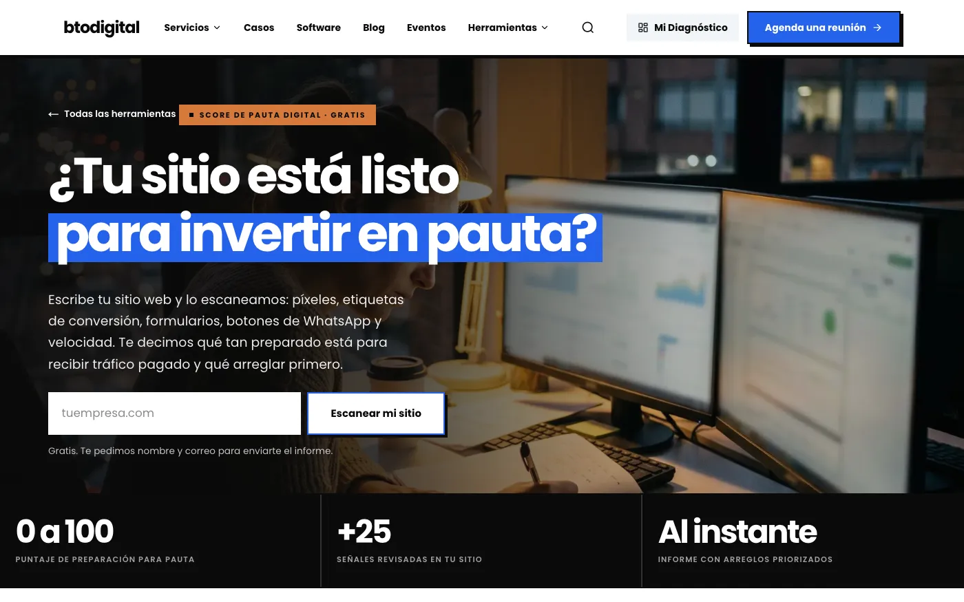 Score de Pauta de btodigital: diagnóstico gratis de píxeles, conversión y velocidad del sitio