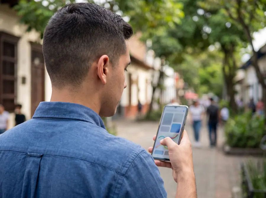 Hombre revisando resultados de búsqueda en su celular en la calle