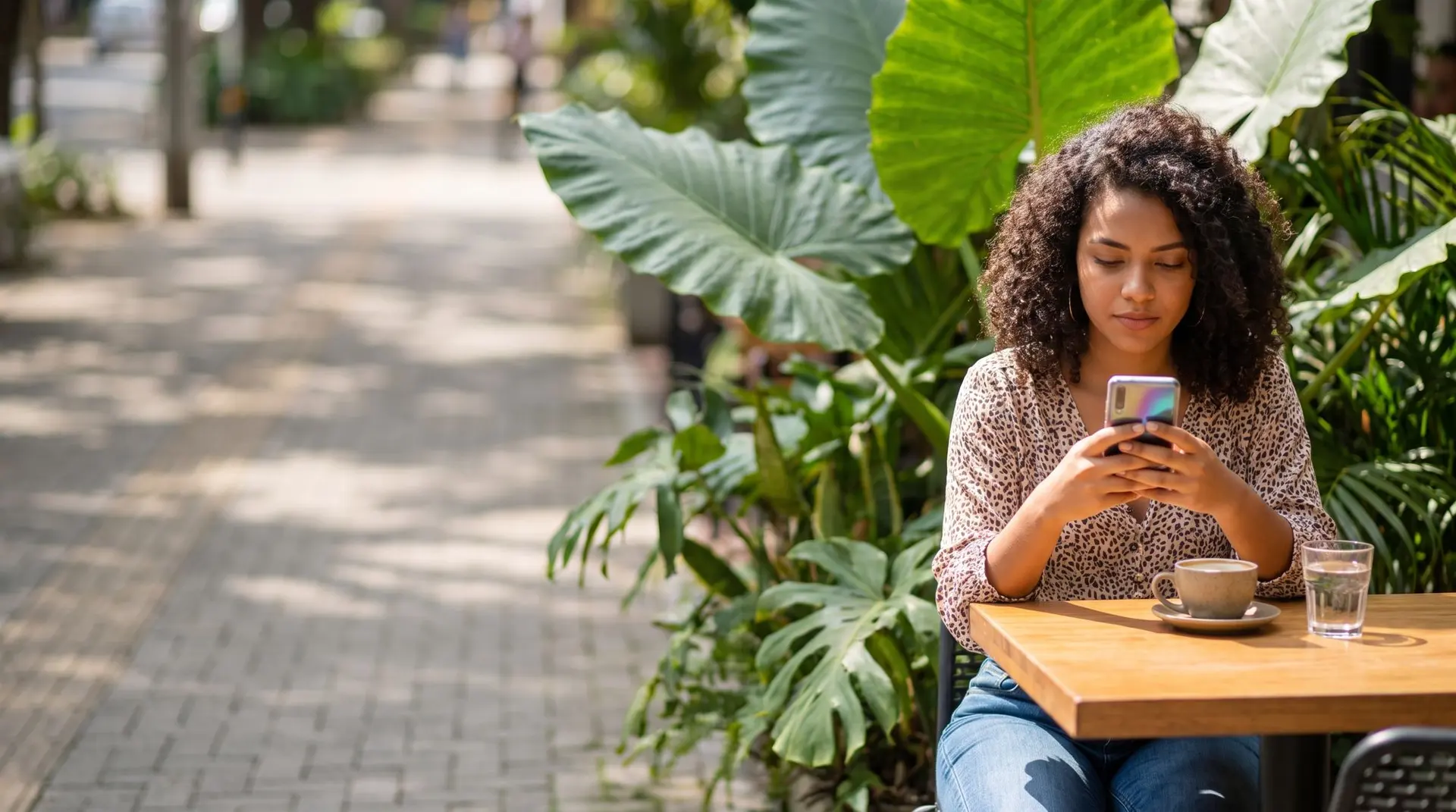 Mujer buscando un servicio en su celular en una terraza de Medellín