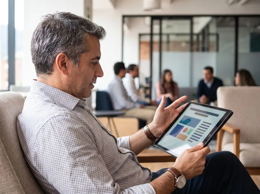 Asesor comercial revisando prospectos calificados en una tableta