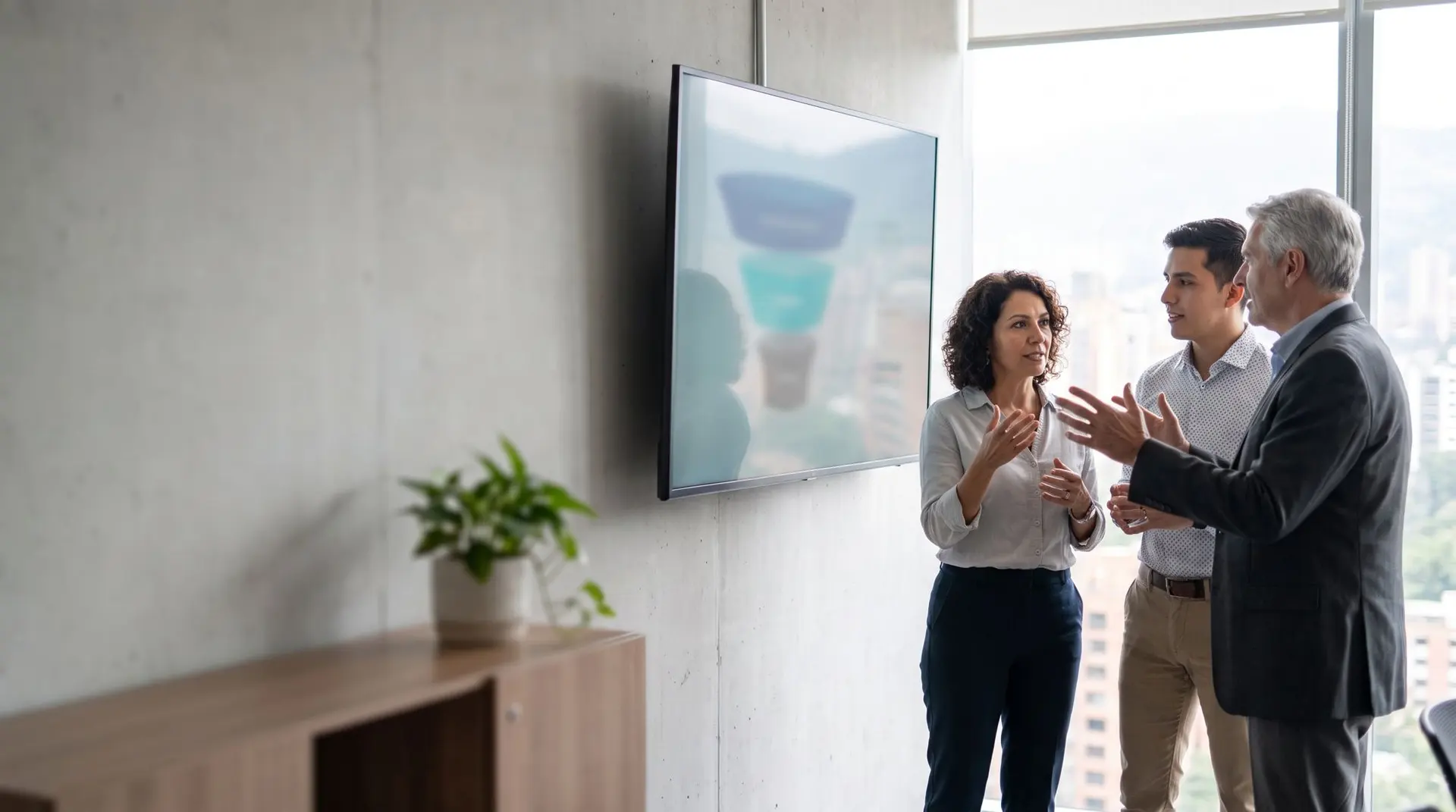 Equipo comercial analizando un embudo de ventas en una sala de reuniones en Medellín