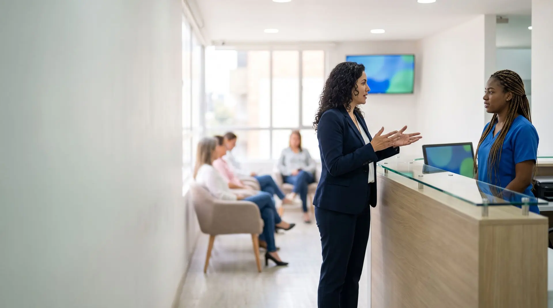 Gerente de una clínica conversando con la recepcionista en la sala de espera de una sede en Bogotá