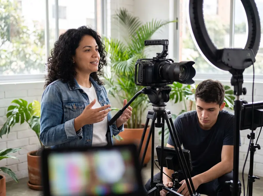 Presentadora grabando un video con cámara y aro de luz en un estudio