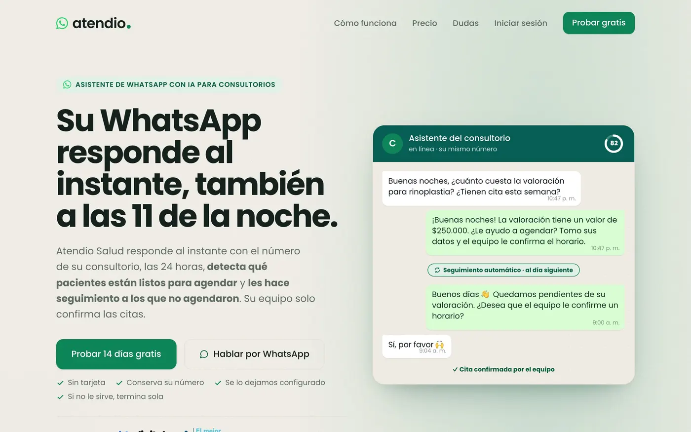 Página de Atendio Salud, asistente de WhatsApp con IA