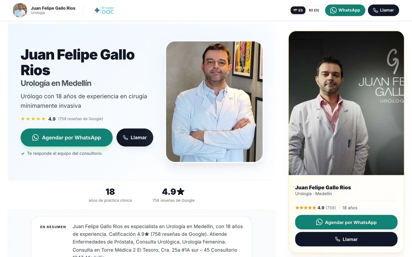 Perfil del Dr. Juan Felipe Gallo, urólogo en Medellín, en El mejor DOC