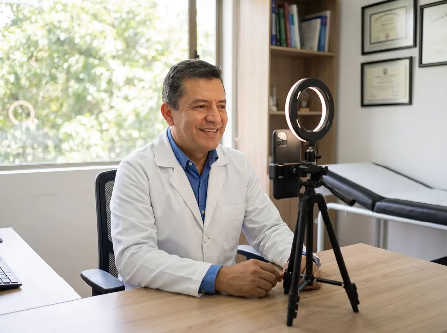 Médico grabando un video educativo en su consultorio