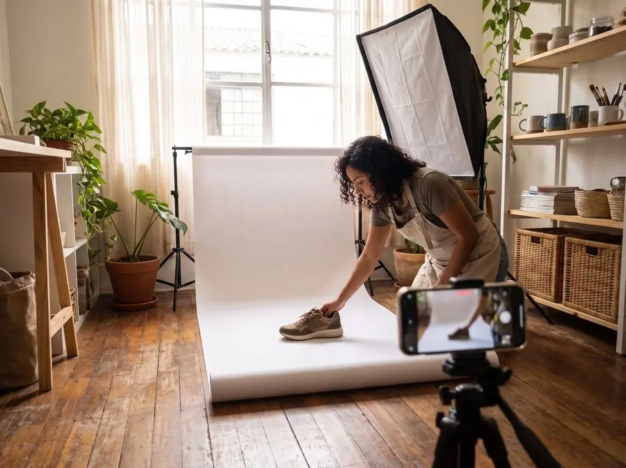 Vendedora fotografiando un producto con luz de estudio para su publicación