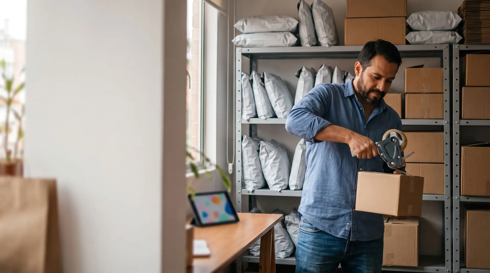 Vendedor de marketplace sellando un paquete en su bodega en Bogotá