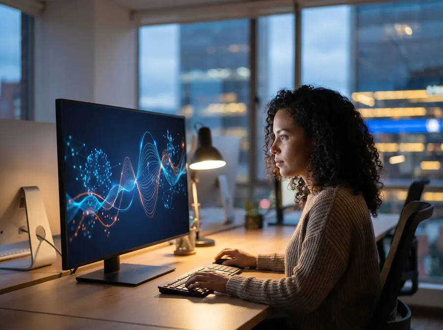 Analista revisando gráficos de datos en su monitor