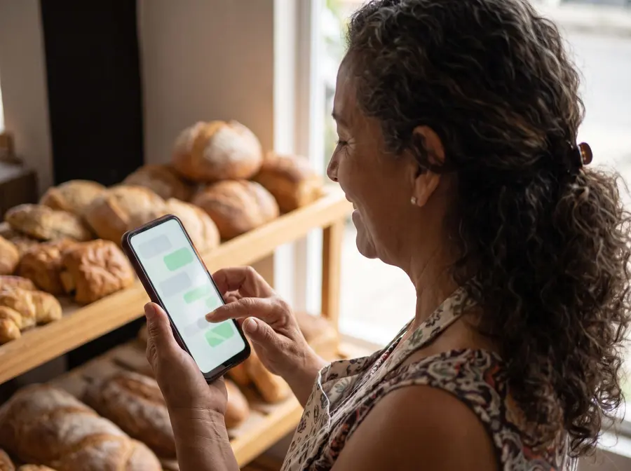 Dueña de una panadería respondiendo mensajes de clientes en su celular