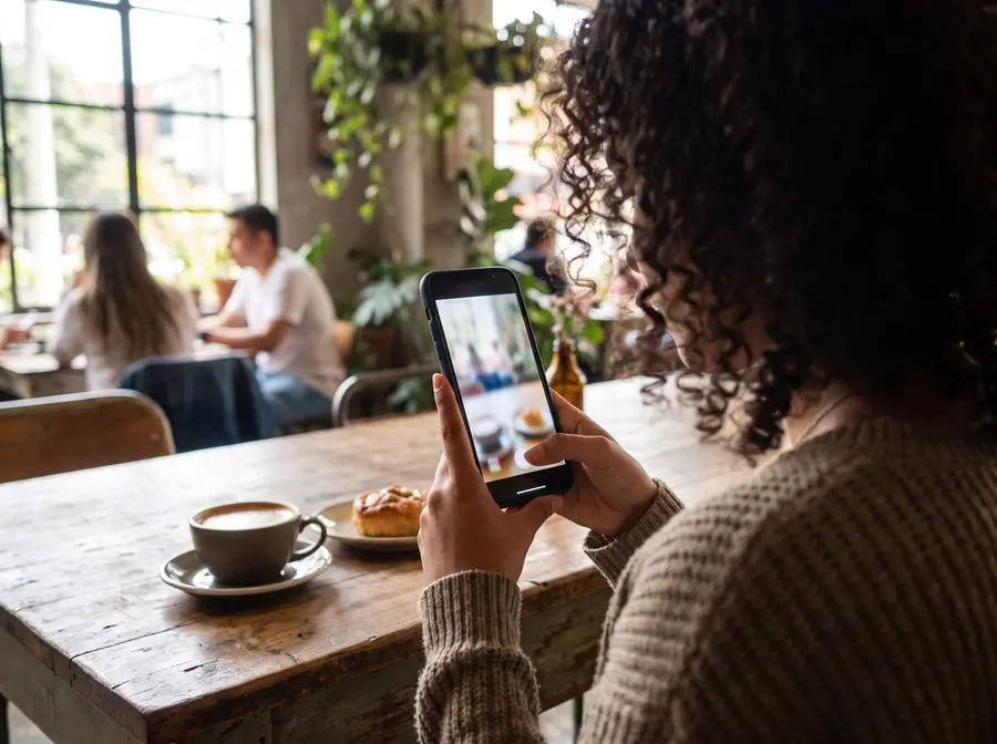 Mujer grabando con su celular un café y un postre en una cafetería