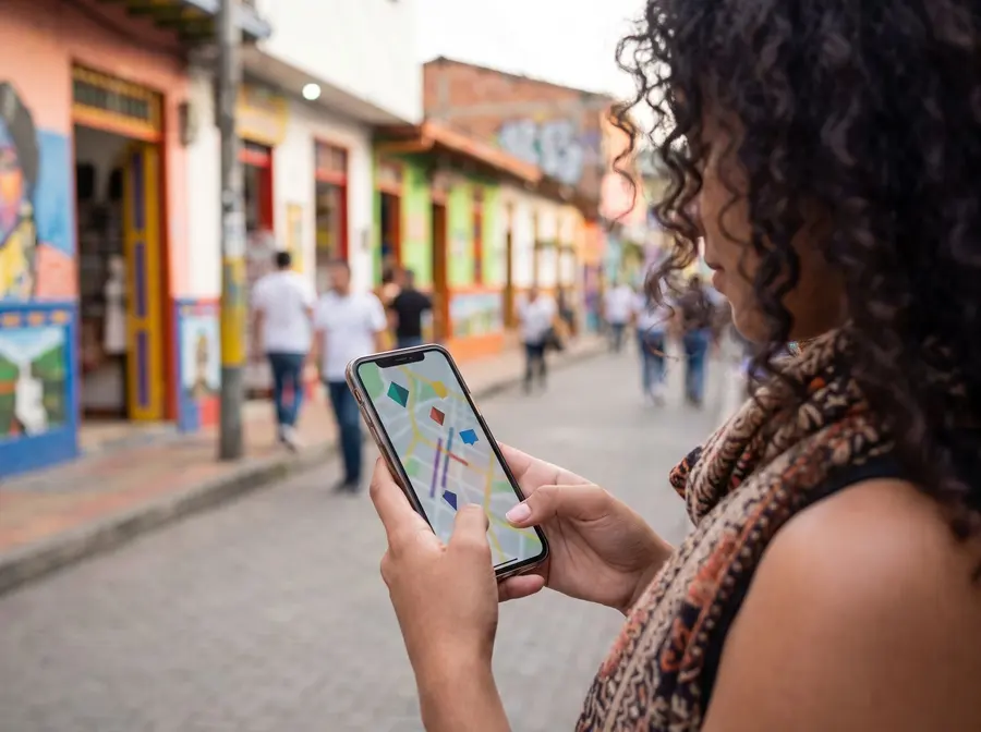 Persona buscando negocios cercanos en el mapa del celular en una calle de Colombia
