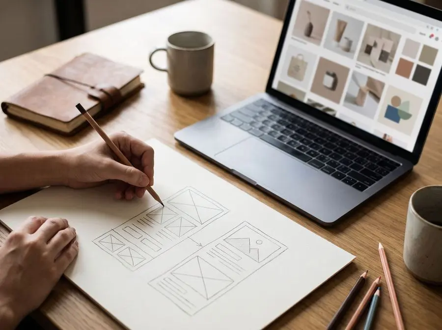 Bocetos del diseño de una tienda online junto a un computador con fotos de producto