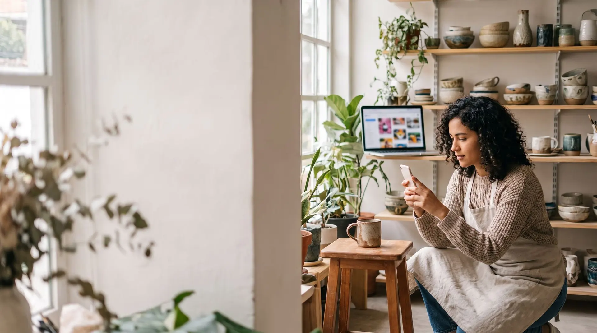 Emprendedora de cerámica artesanal fotografiando sus productos para su tienda online en Medellín