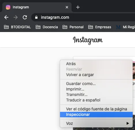 Accediendo al modo inspeccionar en Google Chrome para correr Instagram web - BTODigital